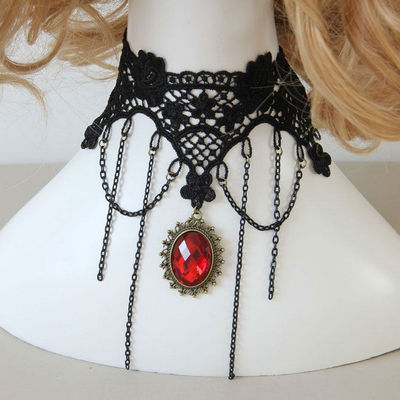 Handcraft black lace applique goth evening necklace