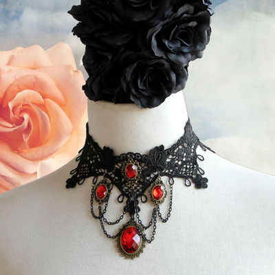 Handcraft black lace applique goth evening necklace