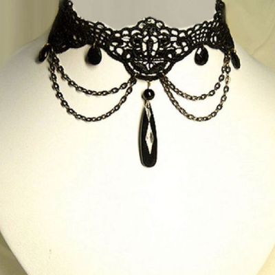 Black goth lace chain choker copper neck collar handmade droplet charm necklace