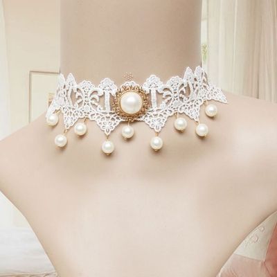 White lace ribbon gothic necklace goth victorian faux pearls rococo choker