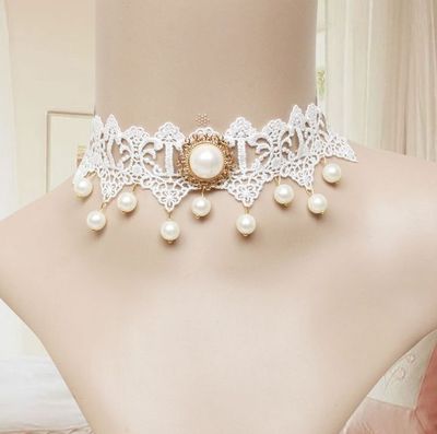 White Lace Ribbon Gothic Necklace Goth Victorian Faux Pearls Rococo Choker