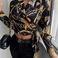 Temperament V-Neck Long-Sleeved Printed Shirt - Thumbnail 6