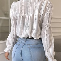Design V-Neck Lace Long-Sleeved Shirt Top - Thumbnail 2
