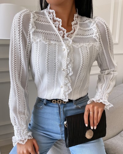 Design V-Neck Lace Long-Sleeved Shirt Top