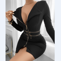 Long Sleeve Women'S Black Zipper Dress - Thumbnail 1