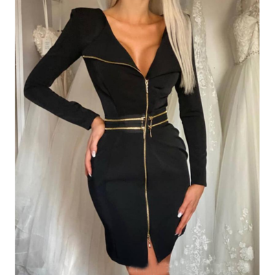 Long sleeve women's black zipper dress