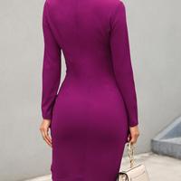 V-Neck Slim Buttoned Long Sleeve Dress - Thumbnail 4