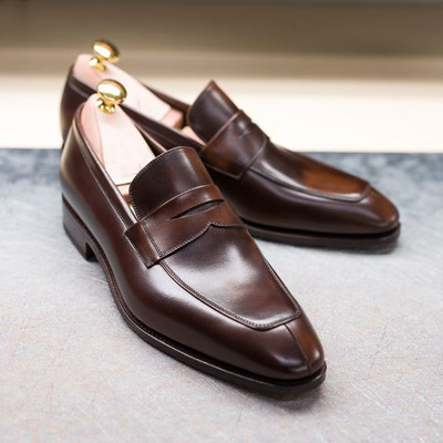 Mens handmade brown loafers slips on penny loafers dress shoes, leather formal shoes