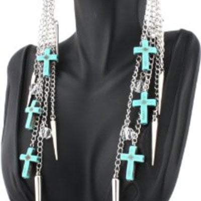 Cross/spike chain dangle earrings - silver tone tde