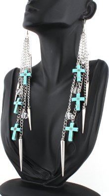 Cross/Spike Chain Dangle Earrings - silver tone TDE