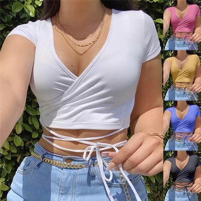 Cute Sexy Solid Color V Neck Tie Up Short Sleeve Crop Top T-shirt Summer Basics E-Girl Kawaii Korean Japanese Harajuku Streetwear