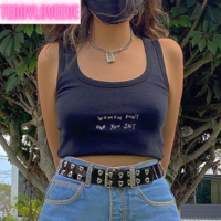 Cute Knit Indie Letter Embroidery Black White Tank Top Crop Top Sleeveless Shirt Goth Punk Casual E-Girl Kawaii Korean Japanese Harajuku Streetwear - Thumbnail 1