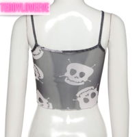 Cute Spider Skull Mesh Transparent See Through Camisole Tank Crop Top Sleeveless Goth Punk Casual E-Girl Kawaii Korean Japanese Harajuku Streetwear - Thumbnail 6