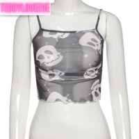 Cute Spider Skull Mesh Transparent See Through Camisole Tank Crop Top Sleeveless Goth Punk Casual E-Girl Kawaii Korean Japanese Harajuku Streetwear - Thumbnail 7