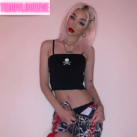 Cute Sexy Black Skull Embroidery Sleeveless Shirt Crop Top Tank Camisole Spaghetti Goth Punk Casual E-Girl Kawaii Korean Japanese Harajuku Streetwear - Thumbnail 4