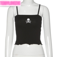 Cute Sexy Black Skull Embroidery Sleeveless Shirt Crop Top Tank Camisole Spaghetti Goth Punk Casual E-Girl Kawaii Korean Japanese Harajuku Streetwear - Thumbnail 2
