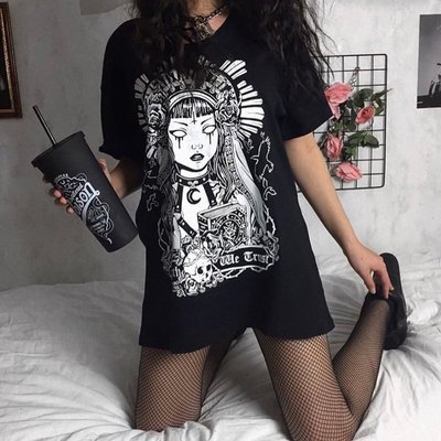 Cute black witch anime girl cartoon print hoodie sweater sweatshirt pullover shirt goth punk e-girl kawaii korean japanese harajuku streetwear - Thumbnail 4