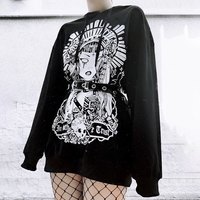 Cute Black Witch Anime Girl Cartoon Print Hoodie Sweater Sweatshirt Pullover Shirt Goth Punk E-Girl Kawaii Korean Japanese Harajuku Streetwear - Thumbnail 2