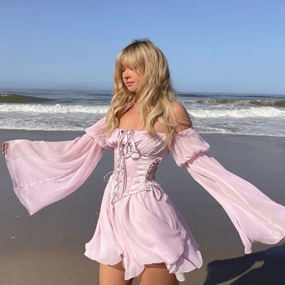 Cute dreamy pink white corset cottagecore chiffon slash mini dress long bell sleeve bandage sundress kawaii korean japanese harajuku streetwear