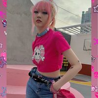 Cute Pink Love Heart Skull Print Short Sleeve T-shirt Crop Top Summer Casual Goth Punk E-Girl Kawaii Korean Japanese Harajuku Streetwear - Thumbnail 5