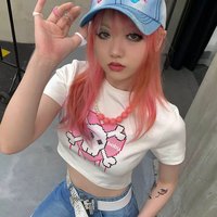 Cute Pink Love Heart Skull Print Short Sleeve T-shirt Crop Top Summer Casual Goth Punk E-Girl Kawaii Korean Japanese Harajuku Streetwear - Thumbnail 2
