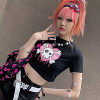 Cute Pink Love Heart Skull Print Short Sleeve T-shirt Crop Top Summer Casual Goth Punk E-Girl Kawaii Korean Japanese Harajuku Streetwear - Thumbnail 4