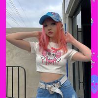 Cute Pink Love Heart Skull Print Short Sleeve T-shirt Crop Top Summer Casual Goth Punk E-Girl Kawaii Korean Japanese Harajuku Streetwear - Thumbnail 6