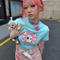 Cute Pink Love Heart Skull Print Short Sleeve T-shirt Crop Top Summer Casual Goth Punk E-Girl Kawaii Korean Japanese Harajuku Streetwear - Thumbnail 3