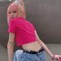 Cute Pink Love Heart Skull Print Short Sleeve T-shirt Crop Top Summer Casual Goth Punk E-Girl Kawaii Korean Japanese Harajuku Streetwear - Thumbnail 7