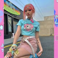 Cute Pink Love Heart Skull Print Short Sleeve T-shirt Crop Top Summer Casual Goth Punk E-Girl Kawaii Korean Japanese Harajuku Streetwear - Thumbnail 8