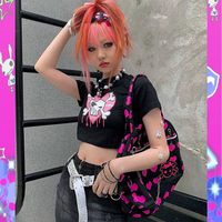 Cute Pink Love Heart Skull Print Short Sleeve T-shirt Crop Top Summer Casual Goth Punk E-Girl Kawaii Korean Japanese Harajuku Streetwear - Thumbnail 9