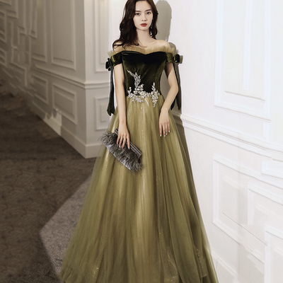 Green tulle long a line prom dress evening dress - Thumbnail 3