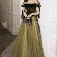 Green tulle long A line prom dress evening dress - Thumbnail 1