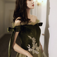 Green tulle long A line prom dress evening dress - Thumbnail 2