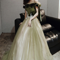 Green tulle long A line prom dress evening dress - Thumbnail 4