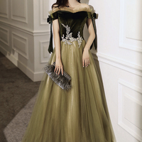 Green tulle long A line prom dress evening dress - Thumbnail 7