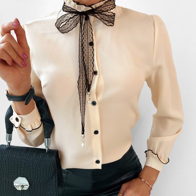 Bow-knot chiffon long-sleeved shirt top - Thumbnail 2