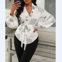 Long-Sleeved V-Neck Button Printed Shirt - Thumbnail 4