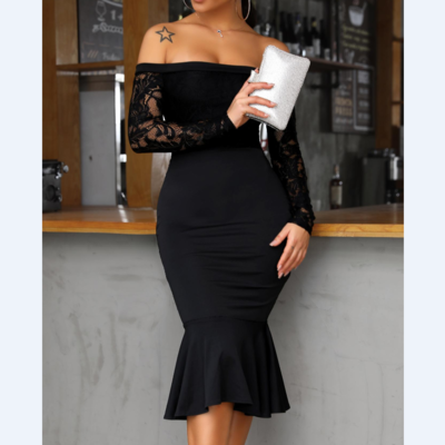 Women'S One-Shoulder Mesh Stitching Dress