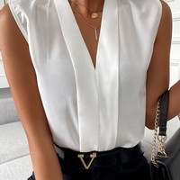Solid Color Women'S V-Neck Casual Sleeveless Shirt Top - Thumbnail 1
