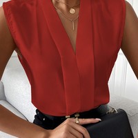 Solid Color Women'S V-Neck Casual Sleeveless Shirt Top - Thumbnail 2