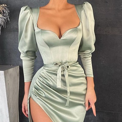 Sexy women's high waist long sleeve split dress - Thumbnail 2