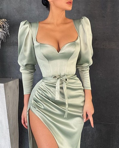 Sexy Women'S High Waist Long Sleeve Split Dress