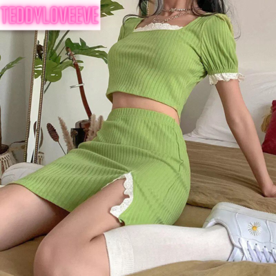 Cute green ribbed 2pcs set square collar puff sleeve lace short sleeve crop top skirt summer party e-girl kawaii korean japanese harajuku streetwear - Thumbnail 5