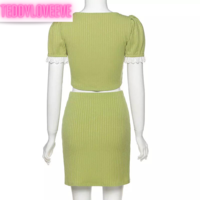 Cute Green Ribbed 2PCS Set Square Collar Puff Sleeve Lace Short Sleeve Crop Top Skirt Summer Party E-Girl Kawaii Korean Japanese Harajuku Streetwear - Thumbnail 6