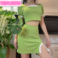Cute Green Ribbed 2PCS Set Square Collar Puff Sleeve Lace Short Sleeve Crop Top Skirt Summer Party E-Girl Kawaii Korean Japanese Harajuku Streetwear - Thumbnail 3