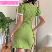Cute Green Ribbed 2PCS Set Square Collar Puff Sleeve Lace Short Sleeve Crop Top Skirt Summer Party E-Girl Kawaii Korean Japanese Harajuku Streetwear - Thumbnail 4