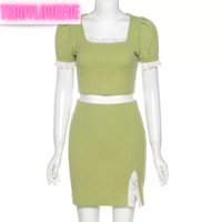 Cute Green Ribbed 2PCS Set Square Collar Puff Sleeve Lace Short Sleeve Crop Top Skirt Summer Party E-Girl Kawaii Korean Japanese Harajuku Streetwear - Thumbnail 5