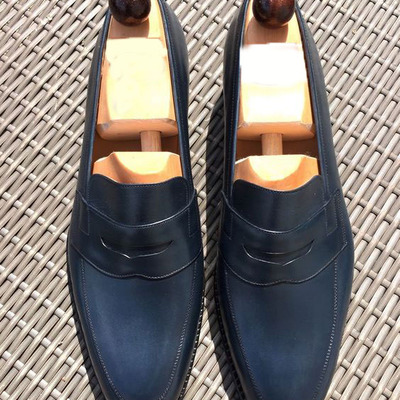 Handmade men luxurious navy blue finishing penny loafers formal dressing shoes - Thumbnail 1