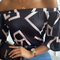 Women'S Black One-Shoulder Print Top - Thumbnail 1